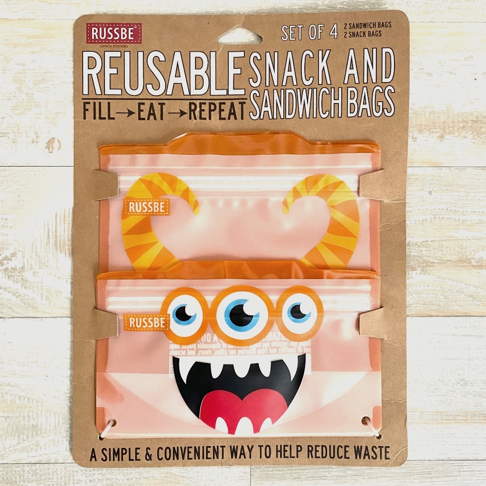 Russbe Reusable Snack & Sandwich Lunch Bags 4 Pack Orange Monster Kids Lunch